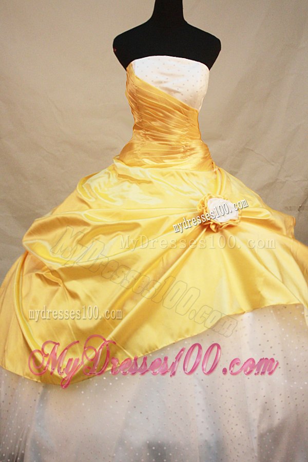 White and Yellow Taffeta Quince Dresses with Flower Corset Back
